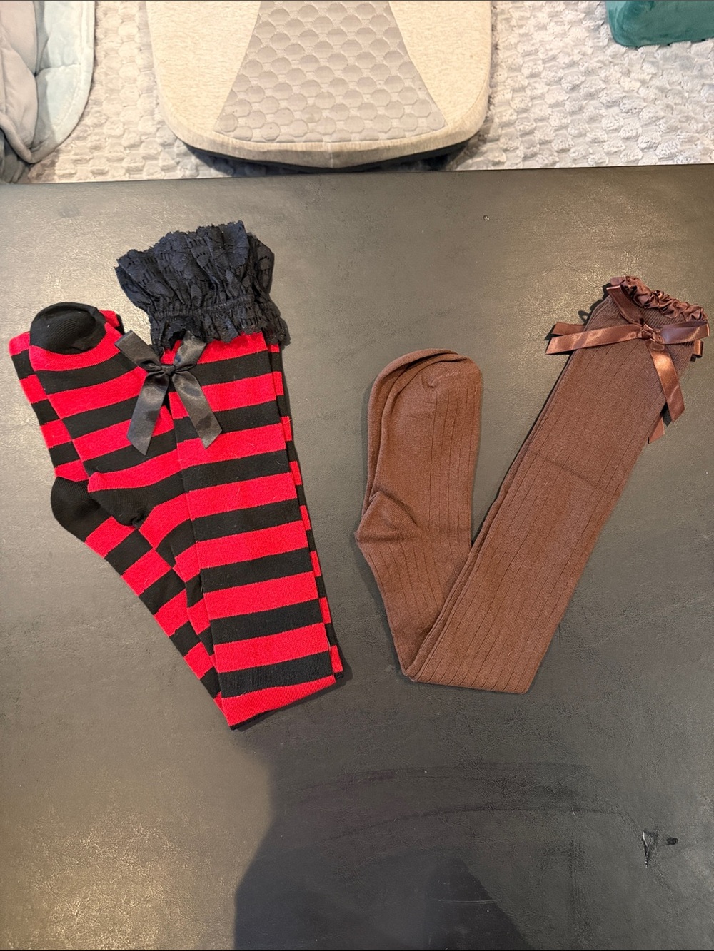 Lace-Trim Knee-High Socks Pack — Red/Black Stripe & Brown